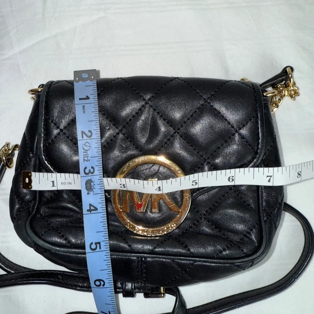 Michael Kors Black Quilted‎ Leather Crossbody Bag Gold Chain MK Logo